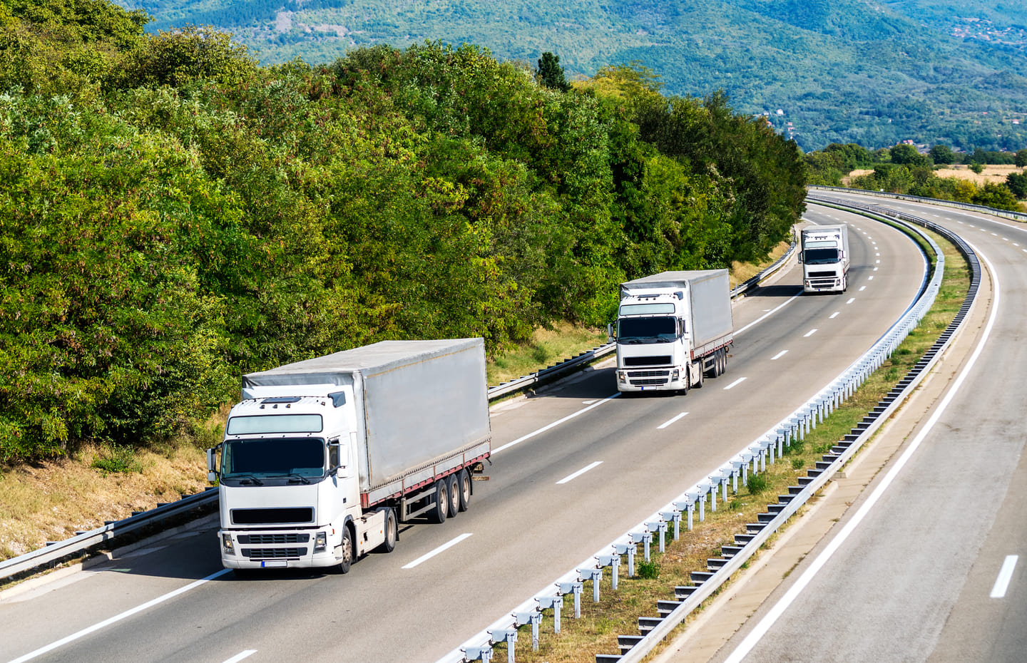 Белые фуры с серым тентом едут по трассе летом и перевозят температурные грузы. Заказать перевозку термозависимых грузов